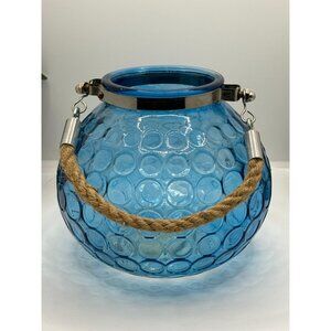 Blue Bubble Glass Hanging Candle Holder With Metal & Rope Handle